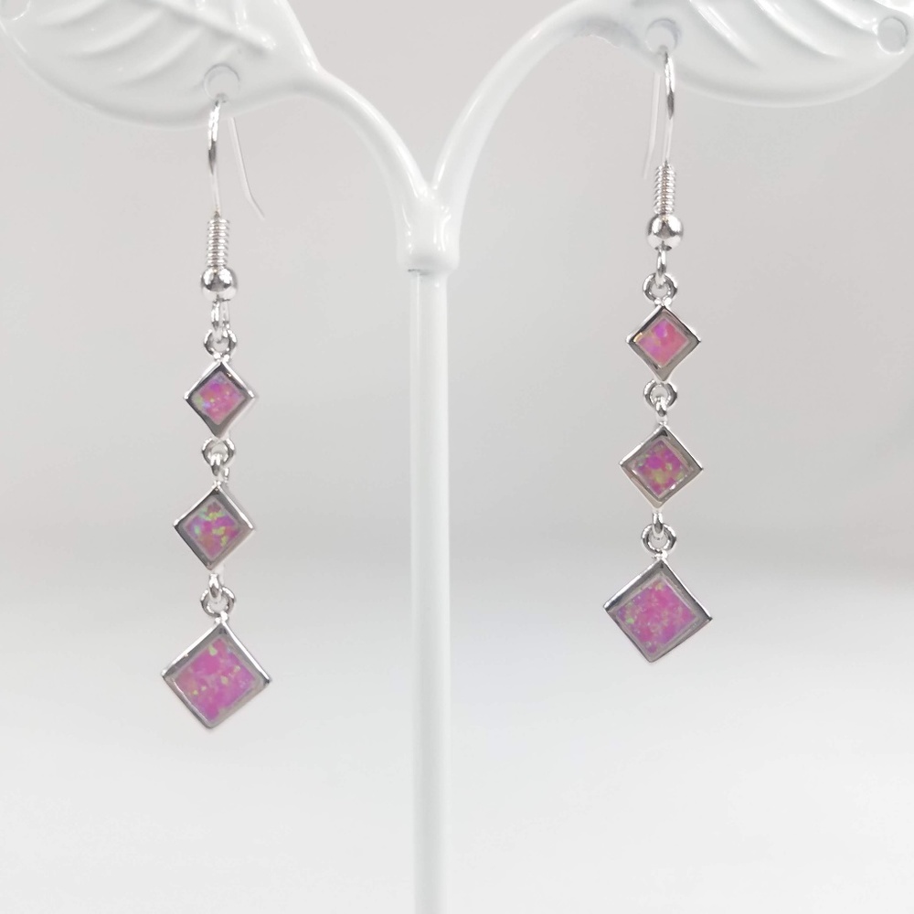 925 Silver Pink Fire Opal 3 Tier Dangle Earrings